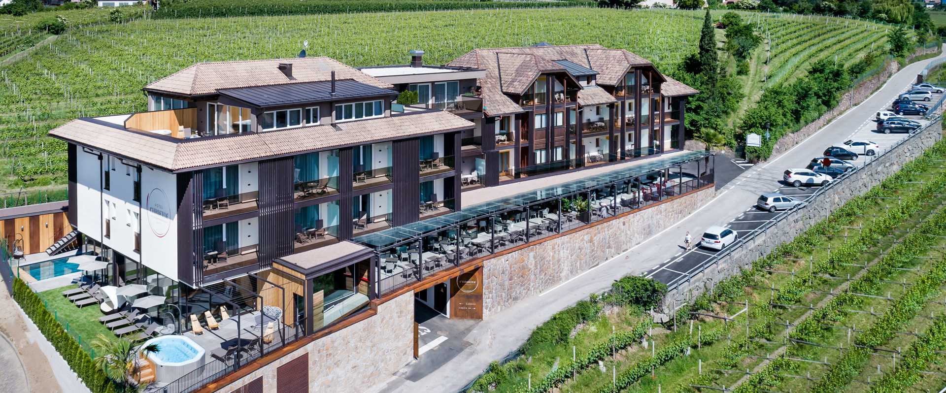 There is ample parking available. Front view of the Hotel Christof
